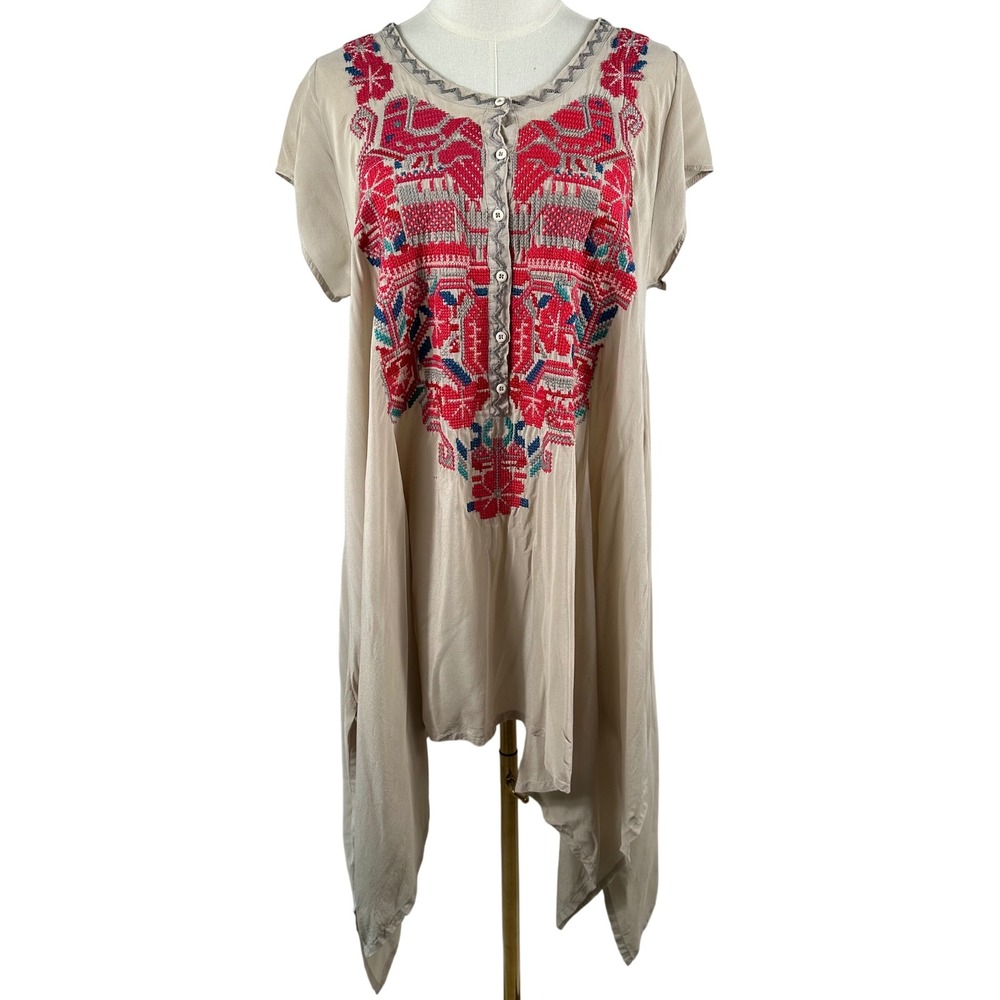Biya Johnny Was Dress Womens M Tan Silk Embroidered Cross Stitch Sharkbite READ